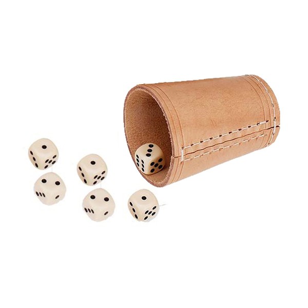 GICO 5902 Quality Dice Cup (Real Leather) Standard 9 cm with 6 Cubes