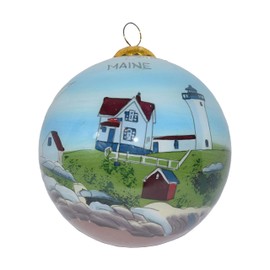 Art Studio Company - Hand Painted Christmas Ornament, Blown Glass, Hanging Tree Ornament, Holiday Decor, Maine, Nubble Lighthouse