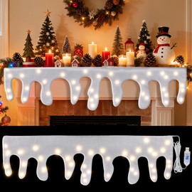 Christmas LED Fake Icicle Snow Blanket - USB Powered Fluffy Faux Snow Sheet with 8 Lighting Modes, Artificial Snow Icicle Mantel Cover for Xmas Village Display Fireplace Holiday Decor, 59" x 17"