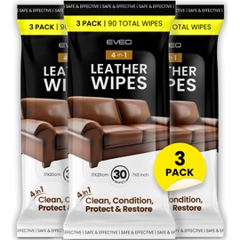 EVEO Leather Cleaner Wipes 4-in-1 Leather Cleaner and Conditioner for Furniture - Leather Couch Cleaner, Car, Shoes & Purses – UV Protection, XL Moistened Wipes Restore & Protect – 3 Pack (90 Total)