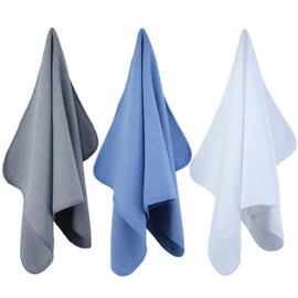 Polyte Premium Microfiber Kitchen Dish Hand Towel Waffle Weave 12 Pack (16x28 in, Blue, Dark Gray, White)