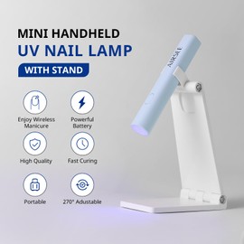 AIRSEE Mini Handheld UV Light with Stand,Portable Rechargeable Nail Lamps,2 Timers for Fast Nail Extension,Rhinestone Glue Decoration,Gel Strips at Home,Travel(Blue)