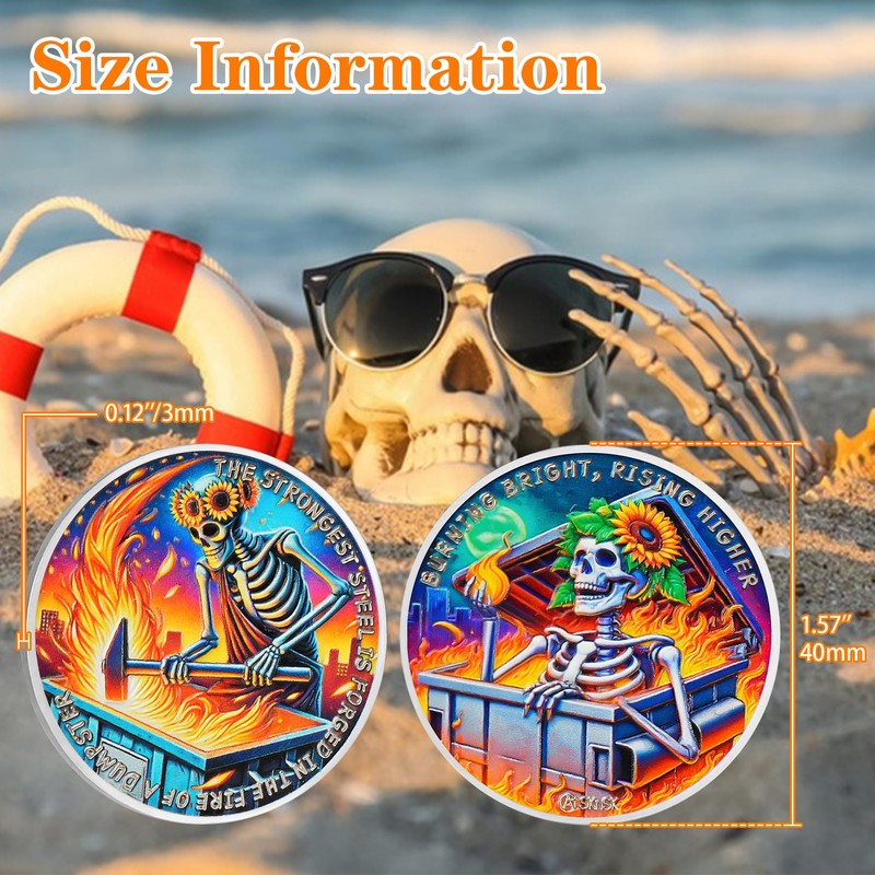 BHealthLife Dumpster Fire Challenge Coin - Sunflower Skeleton Motivational Coin