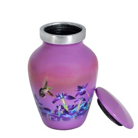 SMARA Small Keepsake Cremation Urn with Velvet Case | Choose From Unique Colors lovely Sharing Mini Metal Token For Human Ashes or Pet. (Keepsake, Hummingbird (Purple))