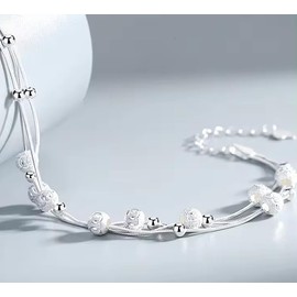 QueenBee 925 Sterling Silver Frosted Beads Bracelet | Silver Layered Bracelets | s925 Silver Beads Bracelet | Hypoallergenic Silver Double Layered Bracelet | Adjustable Silver Beads Multi-Layered Bracelet | Trendy Pure Silver Layered Double Bracelet | Si