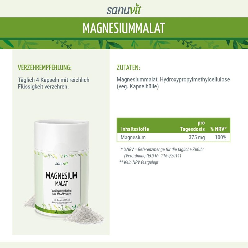 Sanuvit® - Magnesium malate 800 mg, 180 capsules, high bioavailability,