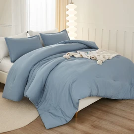 Litanika Oversized King Comforter Set Grayish Blue Super King Plus Size, 3 Pieces Lightweight Solid Bedding Comforter Set, All Season Fluffy Bed Set (128x120In Comforter & 2 Pillowcases)
