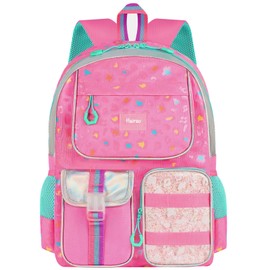 Hairao Girls School Backpack for Ages 6-12, Pink Leopard Print Bookbag with Adjustable Straps,Lightweight Waterproof Elementary Student Backpack for Daily Use and Travel
