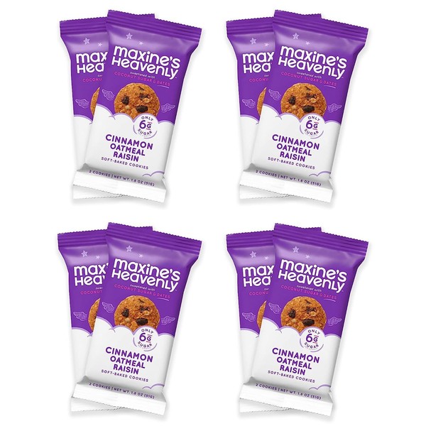 Maxine's Heavenly Gluten Free Cookie Packs - Soft Baked Cinnamon Oatmeal Raisin | Healthy Vegan Cookies Individually Wrapped | Non GMO, Natural Ingredients | 2 Pack (8 Count)