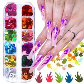 12 Colors Fire Flame Nail Glitter Sequins Flame Shape Flakes Nail Art Designs Flame Nail Art Stickers Laser 3D Glitters Nail Art Decor Women Girls Holographic Nail Accessories Shine Nails Decorations