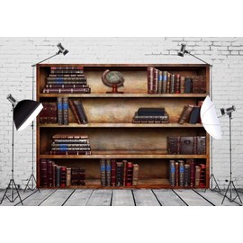 BELECO 7x5ft Fabric Old Bookshelf Backdrop Brown Wooden Bookcase Hardcover Books Globe Background Students Teachers Graduates Artistic Portrait Shooting Online Teaching Background Video Studio Props