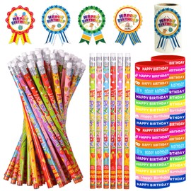 emzrivo 172 Pcs Birthday Pencils Set 36 Happy Birthday Pencils 36 Happy Birthday Wristbands 100 Happy Birthday Badge Stickers for Teacher Classroom Birthday Party Favors
