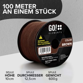 GO!elements 100 m Paracord Rope Made of Tear-Resistant Nylon - 3 mm Paracord 425 Type II Max. 192 kg - Cords as Outdoor Rope, All-Purpose Rope, Survival Rope, Bracelet, Dog Lead, Nylon Cord (Brown,