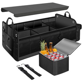 HAOKAY Collapsible Trunk Organizer with Insulated Leakproof Cooler Bag,Removable Lid,Adjustable Securing Straps,3 Compartments 5 in 1 Trunk Organizer for SUV,Truck,Sedan Jeep （95L