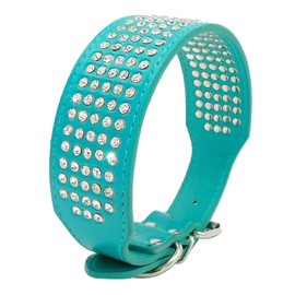 Berry Pet Rhinestones Dog Collars - 5 Rows Full Sparkly Crystal Diamonds Studded PU Leather - 2 Inch Wide -Beautiful Bling Pet Appearance for Medium & Large Dogs,19-22" Turquoise