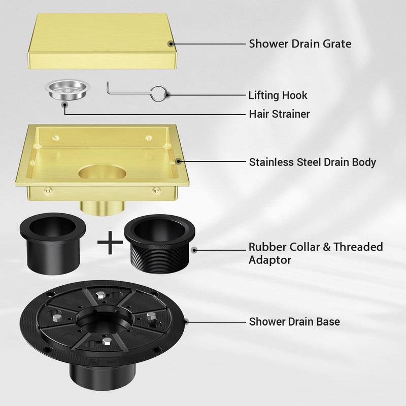 EXF Square Shower Drain 6 Inch Brushed Gold with Tile