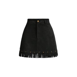 WDIRARA Women's Faux Suede Fringe Skirt High Waisted Tassel Western Mini Skirts Black Medium