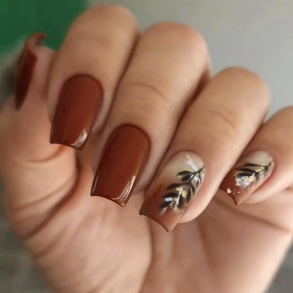 KQueenest Caramel Brown Press on Nails Short Medium Square, Acrylic