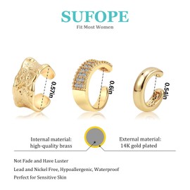 SUFOPE 3Pcs Ear Cuff Earrings for Women, 14K Gold Plated Gold Ear Cuffs Non Piercing Ear Clips Cartilage Wrap Ear Cuff CZ Earring Set for Women Trendy Jewelry