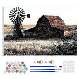 DOMROM Framed Paint by Numbers Kit for Adults Beginners with Wooden Easel, DIY Farmhouse Barn Paint by Number Kit on Canvas, DIY Oil Painting Kits for Home Wall Decor Gift 12x8in