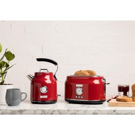 Haden Dorset Wide Slot Stainless Steel 2 Slice Retro Toaster and Dorset 1.7 Liter Stainless Steel Electric Water Kettle, Red