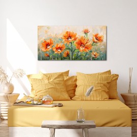 Saypeacher Orange Flower Wall Art Burnt Orange and Green Wall Decor Larg Floral Painting Prints Bedroom