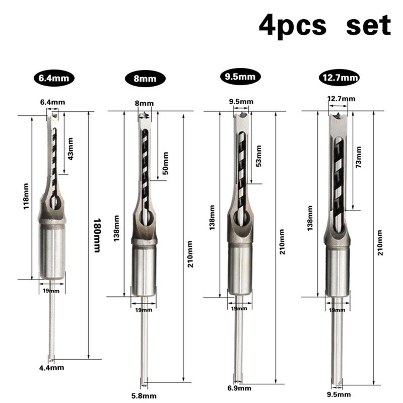 BIGP 4 Pieces Square Hole Drill Bit Square Mortising Drill