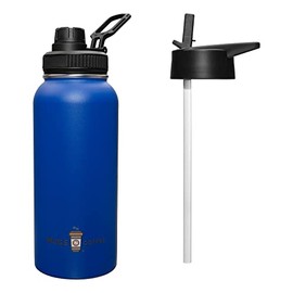 32oz Double Walled Vacuum Insulated Stainless Steel Water Bottle with Two Lids, 32 Ounce Powder Coated Mug (Blue)