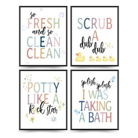 PLKMN Kids Bathroom Decor Set of 4, So Fresh And So Clean Clean Wall Art, Kids Bathroom Accessories, Colorful Decor for Bathroom Toilet Washroom Restroom, 8x10 (Unframed)