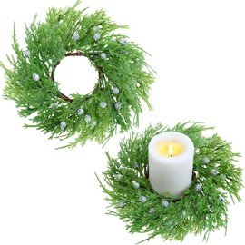 Knitgrip 2 Pcs Christmas Juniper Candle Rings Wreath Artificial Cedar and Berry Candlerings for Pillar Candles 3.9 Inch Candleholder for Christmas Table Centerpiece Home Decor