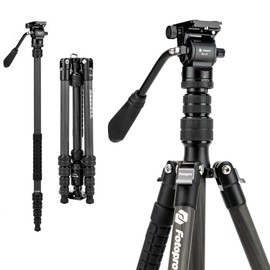 Fotopro 59" Carbon Fiber Travel Tripod, Compact Camera Tripod with Fluid Head, Detachable Monopod with Quick Release Plate and Bag, Video Tripod Load up to 8KG/17.63lbs