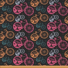 Feelyou Tela de bicicleta vintage por The Yard, tela de tapicería retro de turismo para sillas y proyectos de bricolaje en el hogar, brújula y montañas decorativas, tela impermeable, 2 yardas
