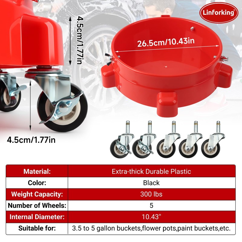 Bucket Dolly 5 Gallon with Wheels,360°Rolling Car Wash Bucket Roller