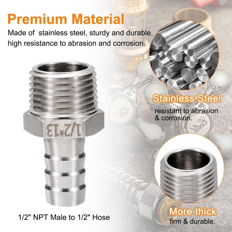 sourcing map 5pcs Stainless Steel Barbed Fitting 1/2" NPT Male