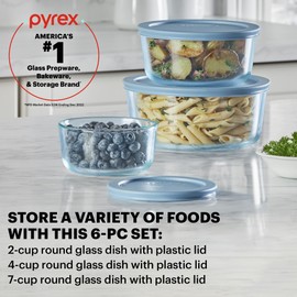 Pyrex Colors Tinted (6-PC Medium) Small/Medium Round Food Storage Container Set, Snug Fit Non-Toxic Plastic BPA-Free Lids, Freezer Dishwasher Microwave Safe, 2 Cup, 4 Cup & 7 Cup