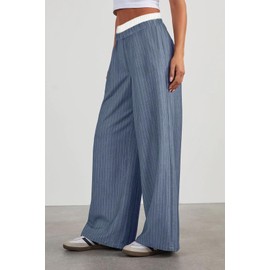 Lesore Womens Plus Size Casual 2025 Striped Color Block High Elastic Waist Wide Leg Pants Trousers Long Straight Suit Pants Blue XXL