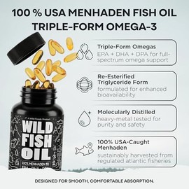 Aceite de pescado salvaje, EE. UU. Caught Omega-3 DPA, DHA & EPA – 60 cápsulas de gel sin arbustos, sin OMG, certificado sostenible, probado para pure