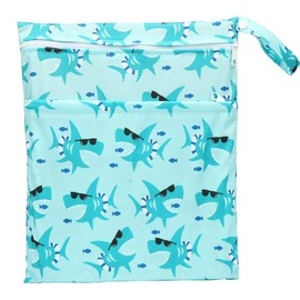 Sigzagor Wet Dry Bag Baby Cloth Diaper Nappy Insert Bag With Two Zippered Pockets Boys (Sharks)
