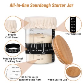 Xileanalee Pro Sourdough Starter Jar Kit- 35 Oz Large Sourdough Starter Glass Jar with Date Marked Feeding Band,Thermometer,Spatula,Cloth Cover& Lid for Sour Dough Bread Loaf