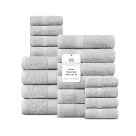 Villa Celestia 100% Cotton Bath Towel Set of 18-4 Bath Towels, 6 Hand Towels, 8 Wash Cloths, Sustainable, Soft, Highly Absorbent, Combed Cotton 18 Piece Set for Hotels, Spa, Bathroom, Dorm, Silver