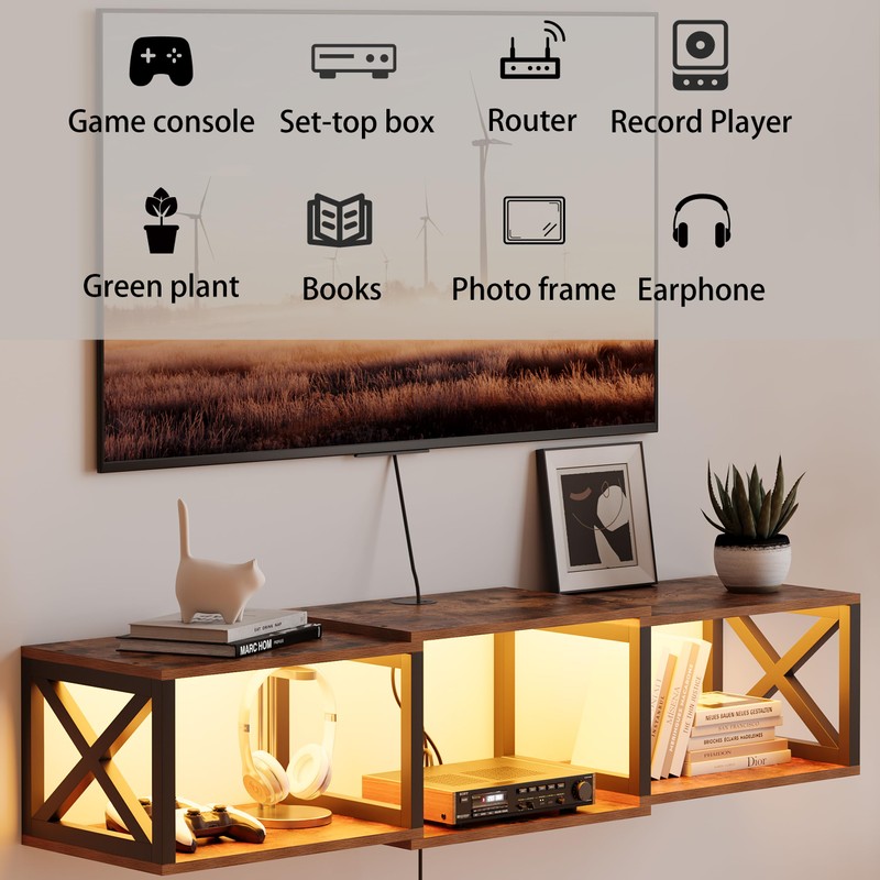 NinPeen Floating TV Stand with Power Outlets,Wall-Mounted Entertainment Console with