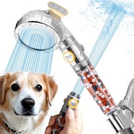 Pet Showerhead High Pressure for Dogs - with Filter and On Off Button, 4 Spray Modes