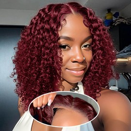 Amygirl Wear and Go Glueless Wigs Human Hair Pre Plucked Pre Cut Bob 4x4 Curly Wave Lace Front Wigs Human Hair 180% Density No Glue Human Hair Wigs for Black Women, Burgundy, 12 Inch