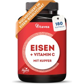 Iron with Vitamin C - For Immune System and Energy Metabolism - Highly Bioavailable Iron Bisglycinate (Iron Chelate) - Vegan, Laboratory Tested, No Unwanted Additives - 180 Capsules Vitavea
