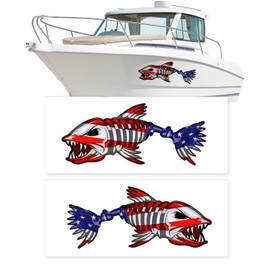 15" W x 38" L Large Size Boat Skeleton Fish Decals - Marine American Flag Fishing Decal Shark Bone Decoration Stickers Graphics Accessories for Ship Canoe Kayak Car RV SUV, Left & Right, 2 Pcs