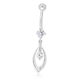 AVORA 10K White Gold Simulated Diamond CZ Dangling Fancy Teardrop Belly Button Ring Body Jewelry (14 Gauge)