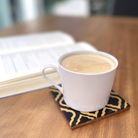 ASTER HOME - Set of 6 Square Coasters for Drinks with Matching Stand, Original Retro Vintage Style, Various Colours, Protection for Your Table, 10 cm (Black and Brown)