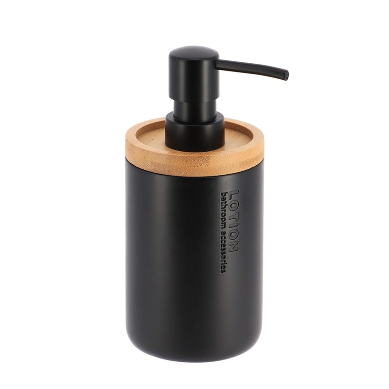 Sleek Matte Black Soap Dispenser with Natural Bamboo Detail -