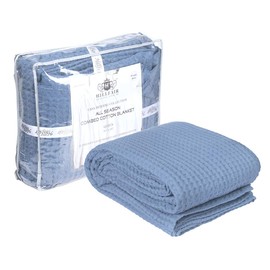 HILLFAIR 100% Combed Cotton Blanket– Queen Size Bed Blanket– Warm Soft All Season Breathable Lightweight Summer Blankets– Waffle Weave Home Decor Bed Blanket- Blue Queen Bed Cotton Blankets/Bedcover