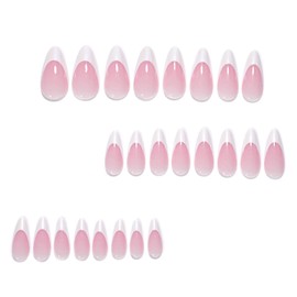 24PCS Almond Press on Nails - Shimmer Aurora Nails French Tip - Nude Fase Nail with Glue - Long Stick on nails for Women - Full Cover White Fake Nail Tips Glue on French Manicure